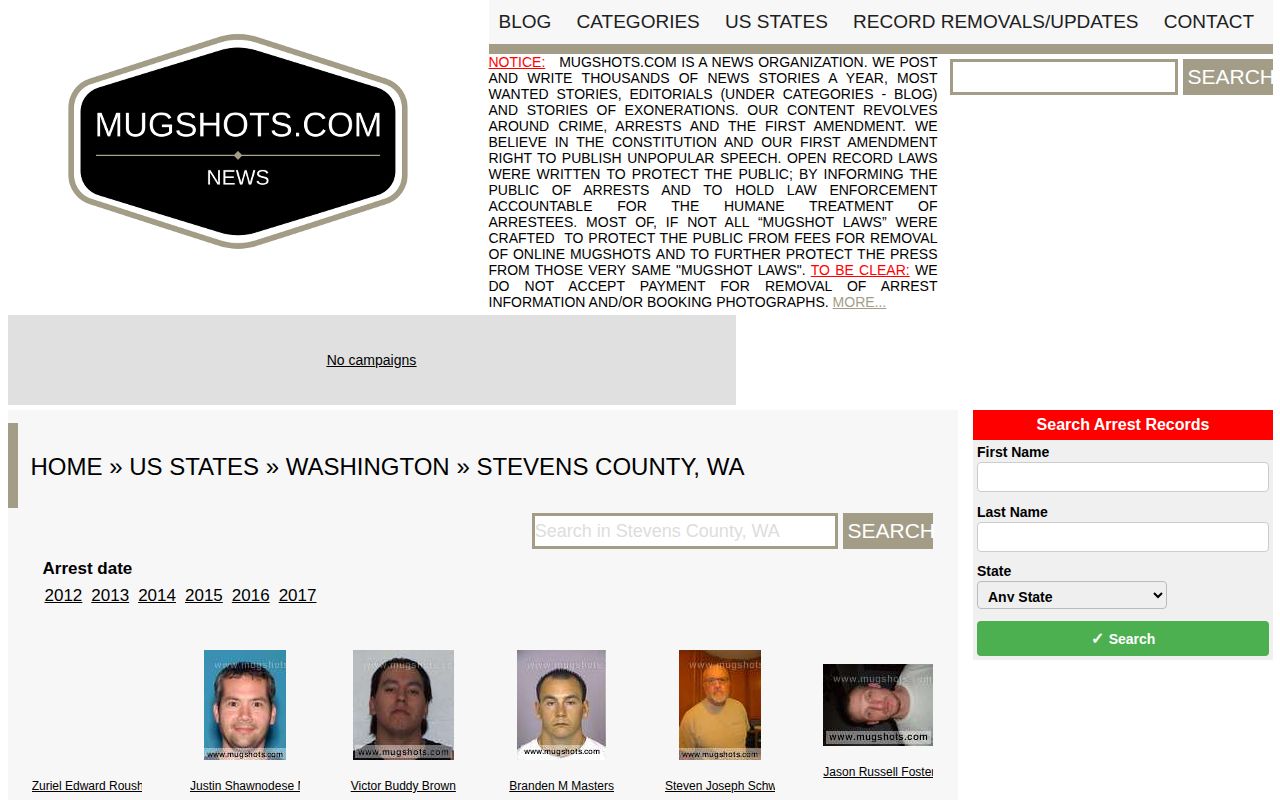 Stevens County historical crime and booking record index at Mugshots.com